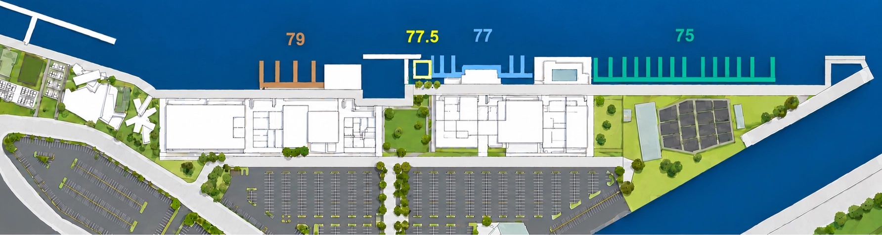 Site plan of the waterfront showing the locations of Berths 79, 77.5, 77 and 75