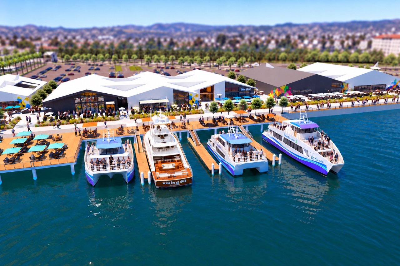 Rendering of four vessels berthed at the marina docks beside restaurants and the waterfront promenade